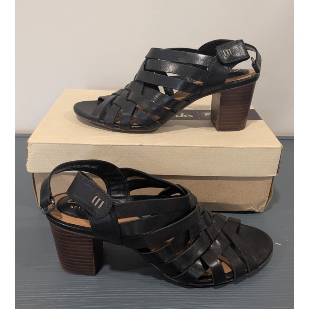 Clarks Ralene Luster Black Leather Strappy Block Heel Sandals Women's Size 8M